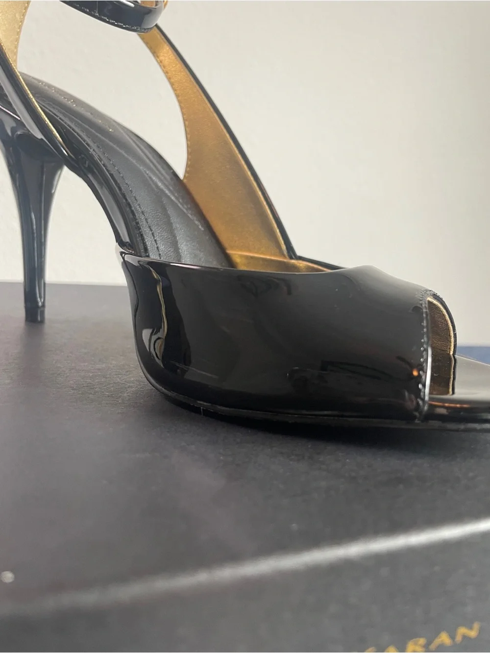 Donna Karan - Somerset - Black Patent Peep-Toe Ankle-Strap Heels with Gold Trim